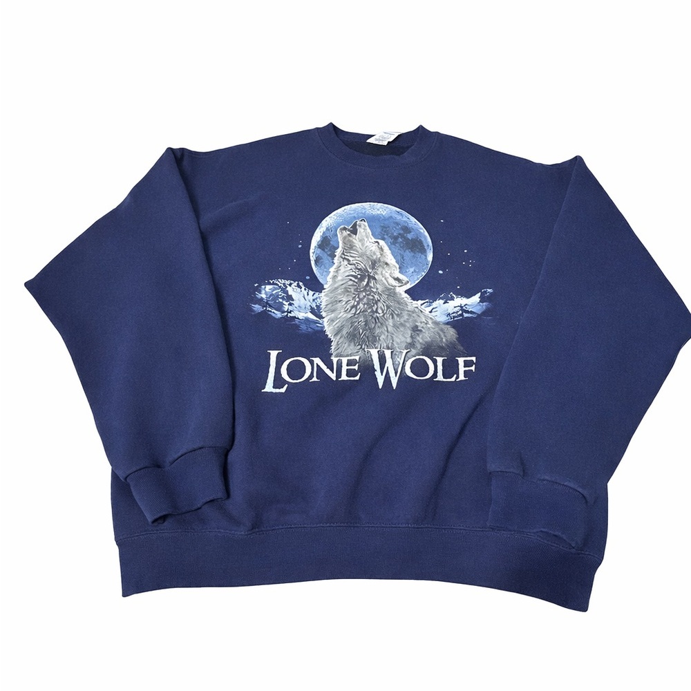 Vintage Jerzees Lone Wolf Moon Graphic Sweatshirt Size L Navy